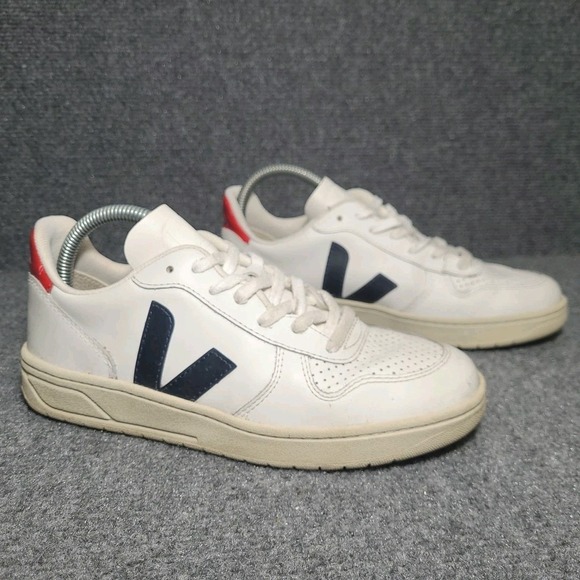 VEJA V-10 Sneakers Womens Size 7 White Red Blue Leather White Nautico Pekin - Picture 3 of 16